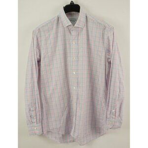 Ledbury Men's 17 - 35 Slim Pink Blue Plaid Lightweight Twill Cotton Dress Shirt